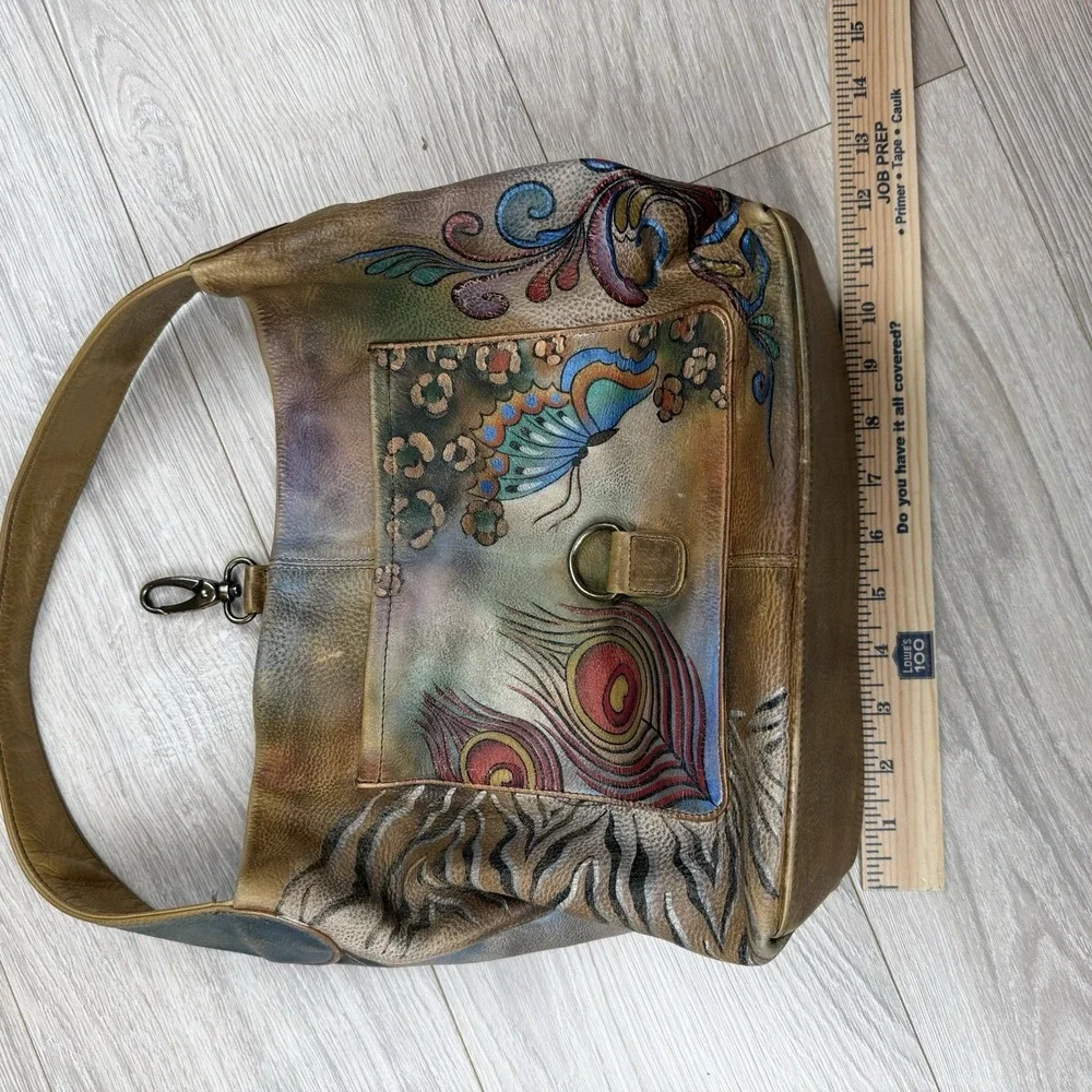 Anuschka Peackcock Bliss Leather Hand-painted Butterfly Floral Shoulder Hobo Bag